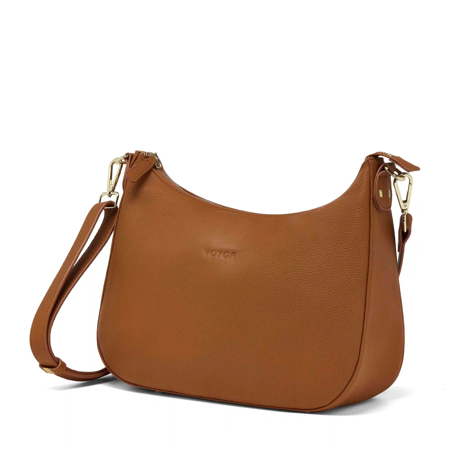 Brown leather camera bag with gold hardware on a white background
