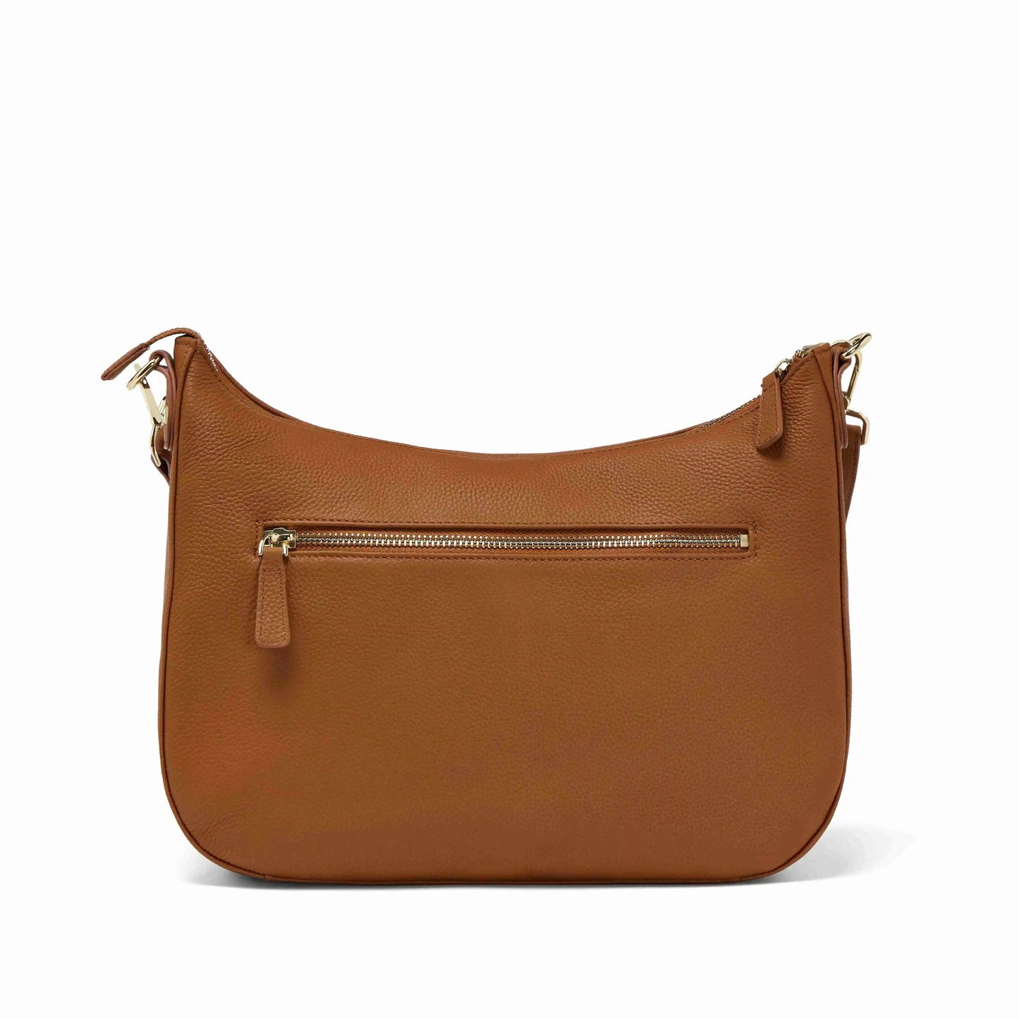 Brown leather camera bag with gold zipper on a white background