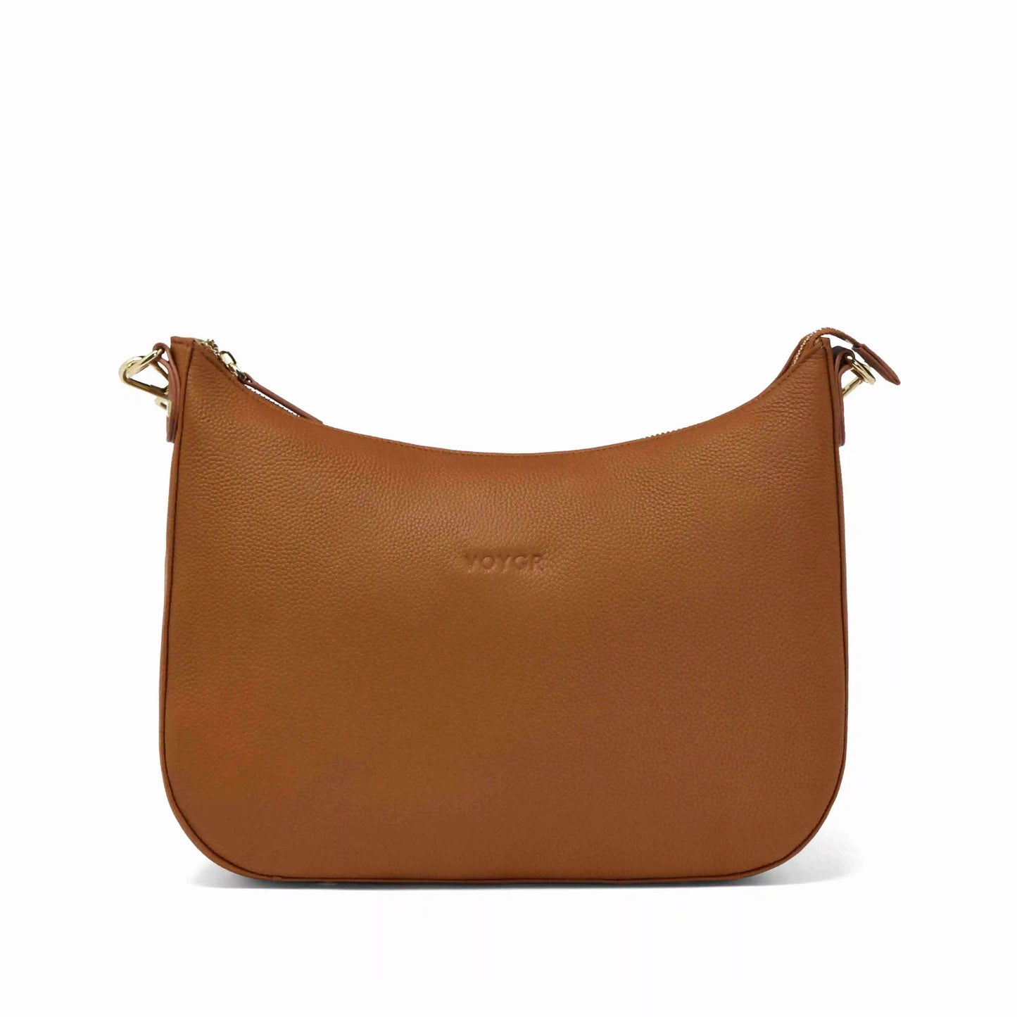 Brown camera bag with gold zipper on a white background