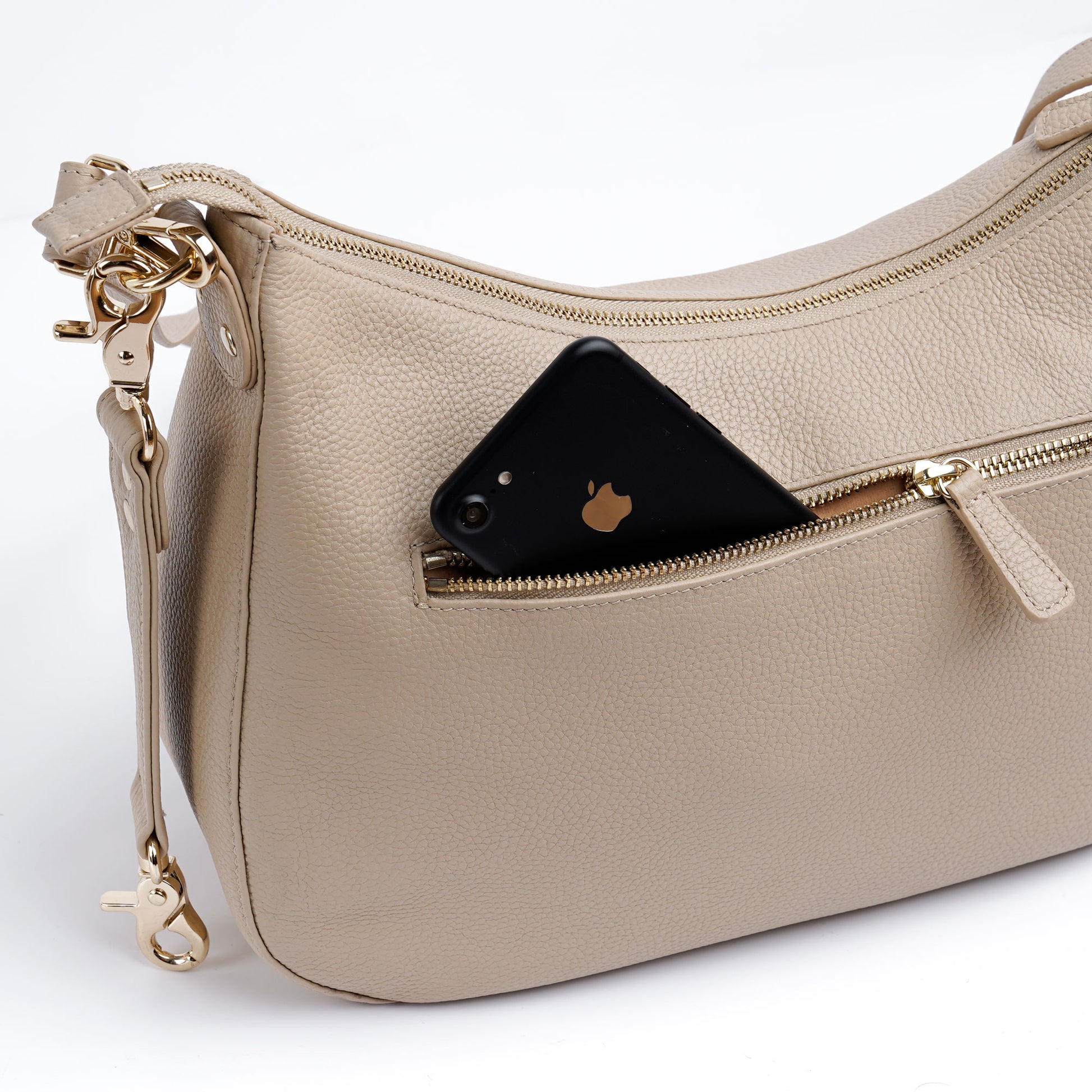 Beige VOYGR Essential Camera Bag with iPhone in Back Pocket