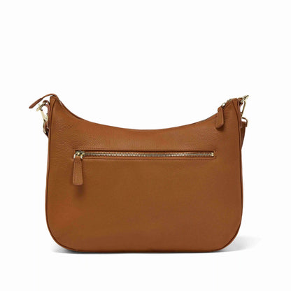 Brown leather camera bag with gold zipper on a white background