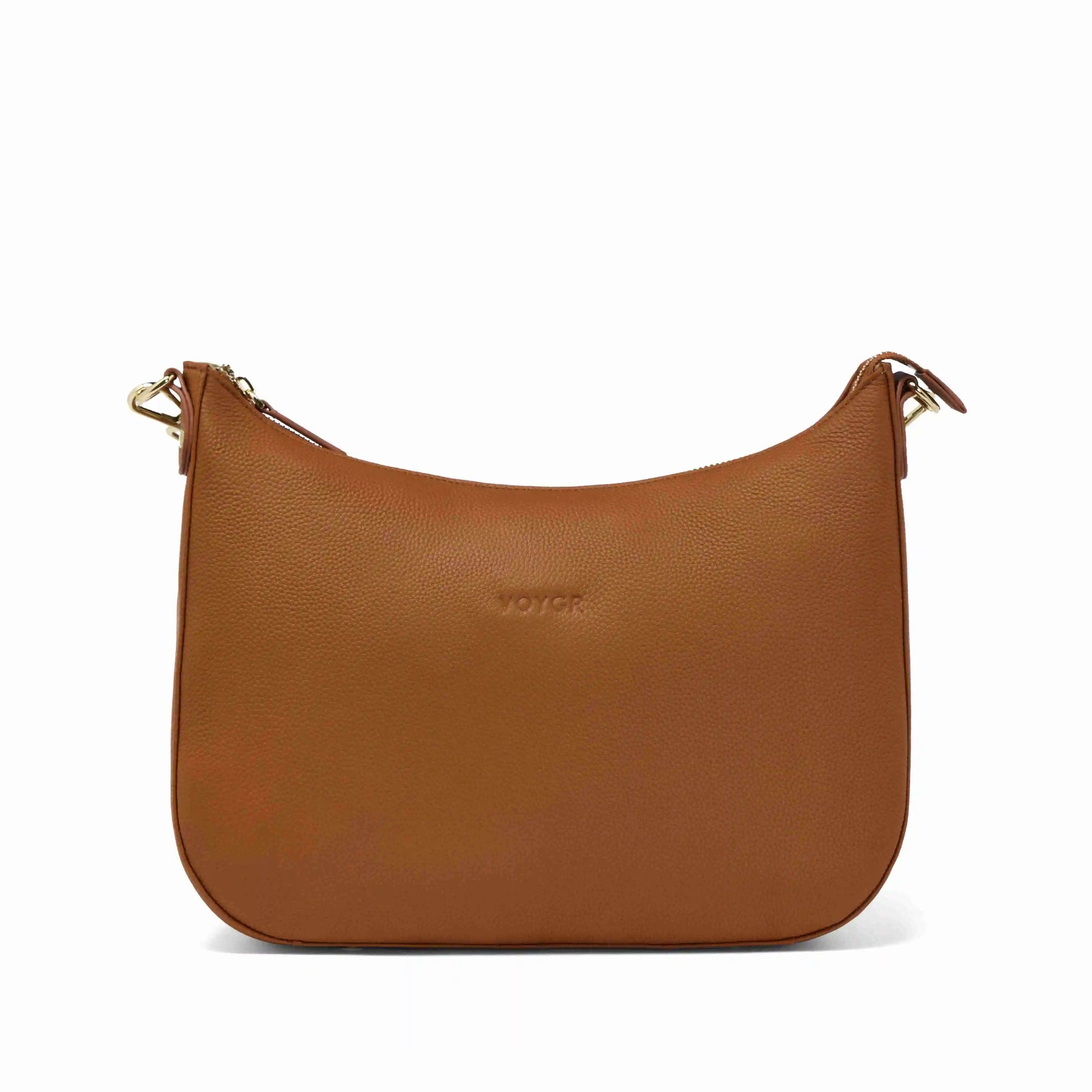 Brown camera bag with gold zipper on a white background